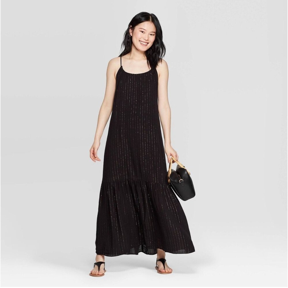 A New Day Womens Maxi Dress Size XS Black Gold  Metallic Stripes Sleeveless